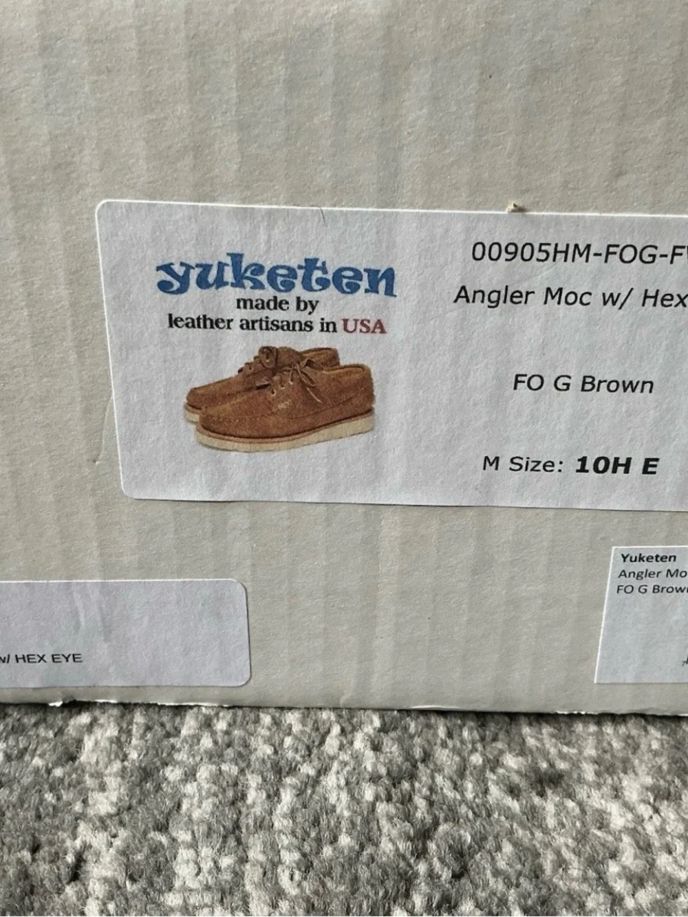 Size 10.5E - Yuketen Angler Moc Hex Eye FO G Brown Leather Moccasin Shoes